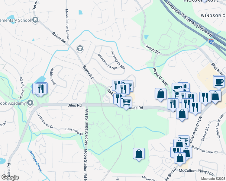 map of restaurants, bars, coffee shops, grocery stores, and more near 2160 Dresden Green in Kennesaw