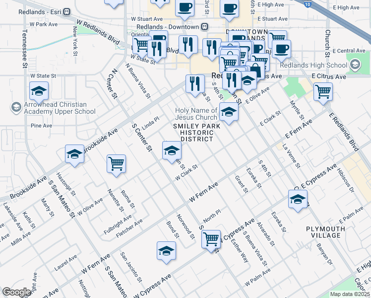 map of restaurants, bars, coffee shops, grocery stores, and more near 220 South Buena Vista Street in Redlands