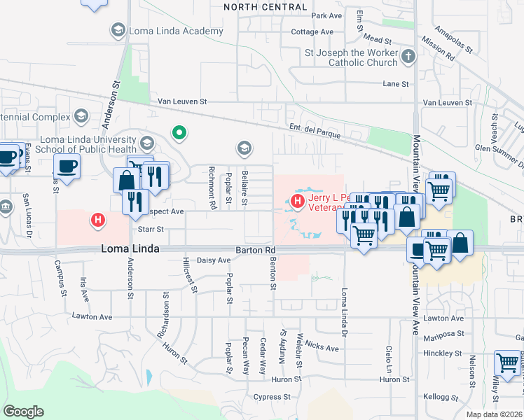 map of restaurants, bars, coffee shops, grocery stores, and more near 11212 Exeter Street in Loma Linda