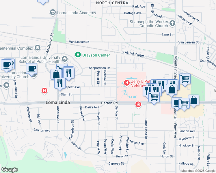 map of restaurants, bars, coffee shops, grocery stores, and more near 11212 Exeter Street in Loma Linda