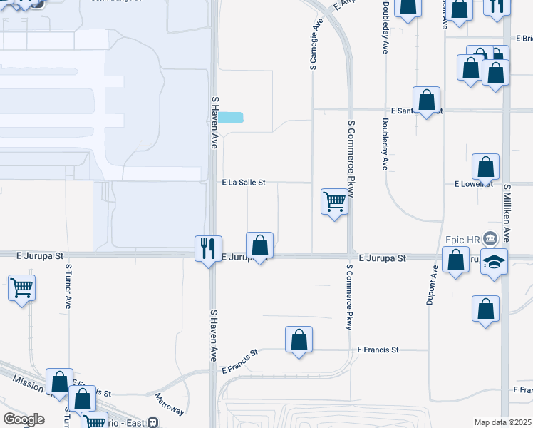 map of restaurants, bars, coffee shops, grocery stores, and more near 3601 East Jurupa Street in Ontario