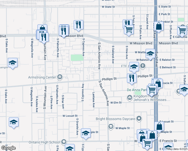 map of restaurants, bars, coffee shops, grocery stores, and more near 716 West Phillips Street in Ontario