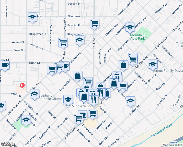 map of restaurants, bars, coffee shops, grocery stores, and more near 12105 Weaver Street in El Monte