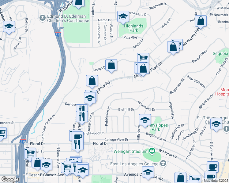 map of restaurants, bars, coffee shops, grocery stores, and more near 1087 Ridgecrest Street in Monterey Park