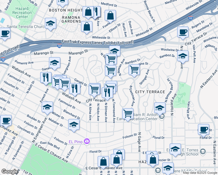 map of restaurants, bars, coffee shops, grocery stores, and more near 1120 North Ditman Avenue in Los Angeles