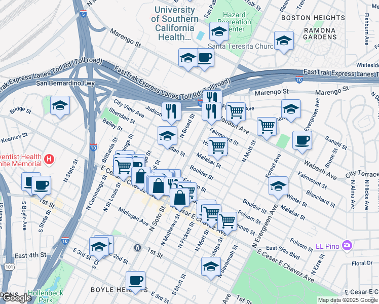 map of restaurants, bars, coffee shops, grocery stores, and more near in Los Angeles