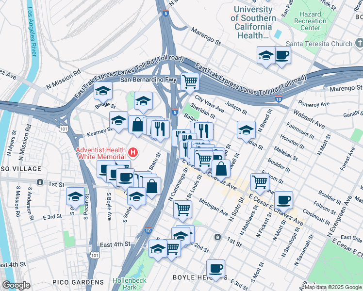 map of restaurants, bars, coffee shops, grocery stores, and more near 511 Brittania Street in Los Angeles