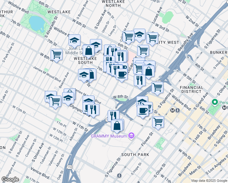 map of restaurants, bars, coffee shops, grocery stores, and more near in Los Angeles