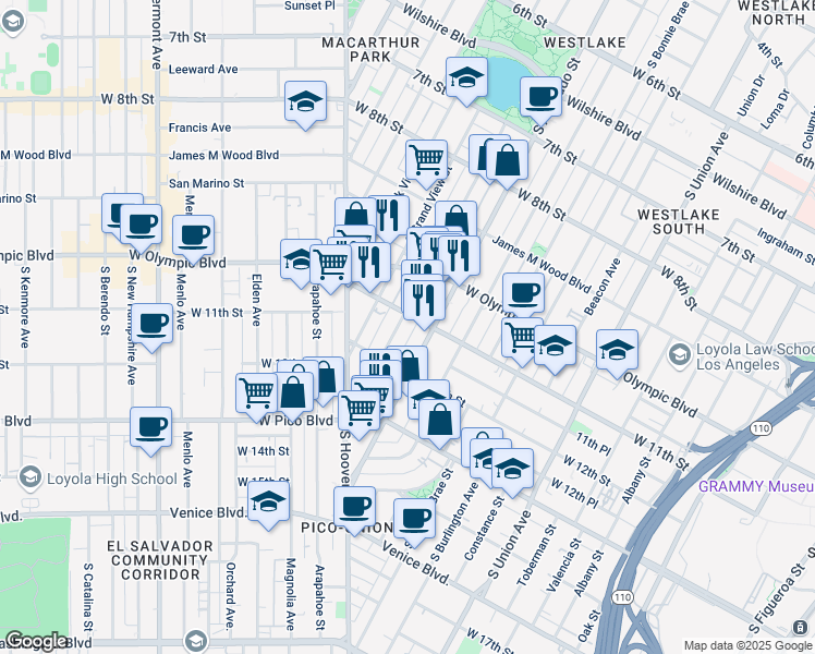 map of restaurants, bars, coffee shops, grocery stores, and more near 1125 South Lake Street in Los Angeles