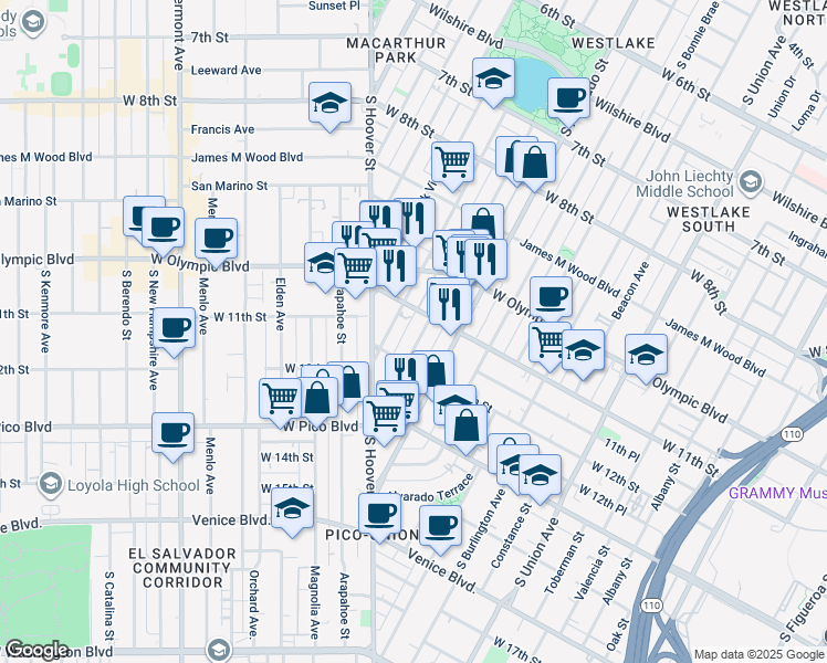 map of restaurants, bars, coffee shops, grocery stores, and more near 1125 South Lake Street in Los Angeles
