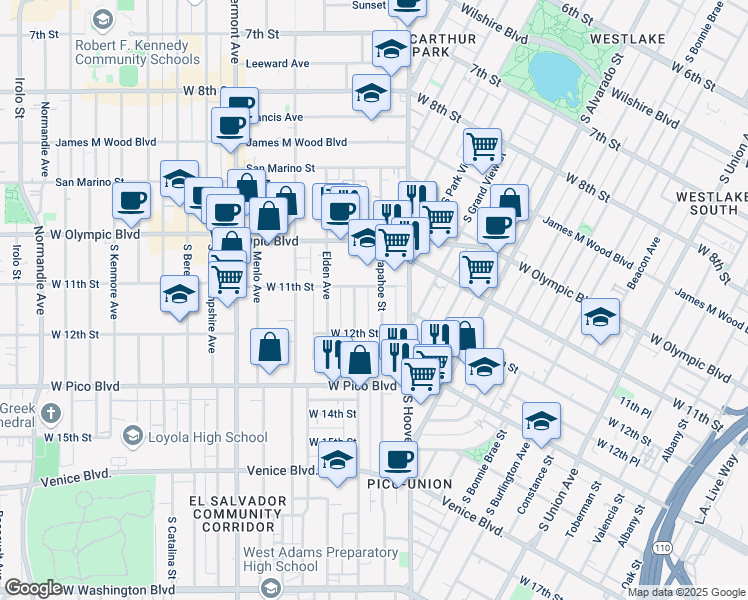 map of restaurants, bars, coffee shops, grocery stores, and more near 1125 Arapahoe Street in Los Angeles