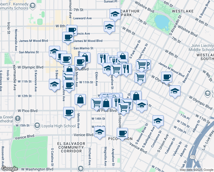 map of restaurants, bars, coffee shops, grocery stores, and more near 1125 Arapahoe Street in Los Angeles