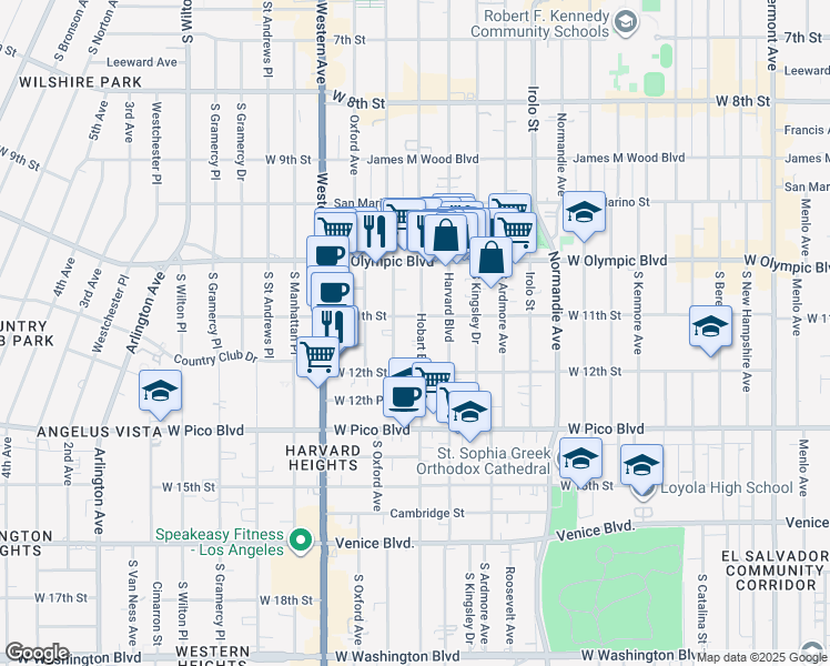 map of restaurants, bars, coffee shops, grocery stores, and more near 1128 South Hobart Boulevard in Los Angeles