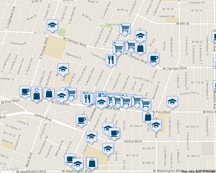 map of restaurants, bars, coffee shops, grocery stores, and more near 1203 South Bronson Avenue in Los Angeles