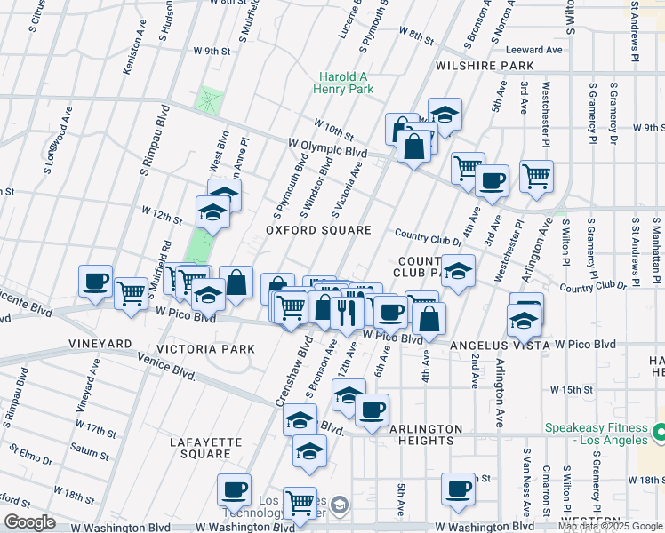 map of restaurants, bars, coffee shops, grocery stores, and more near 1191 Crenshaw Boulevard in Los Angeles