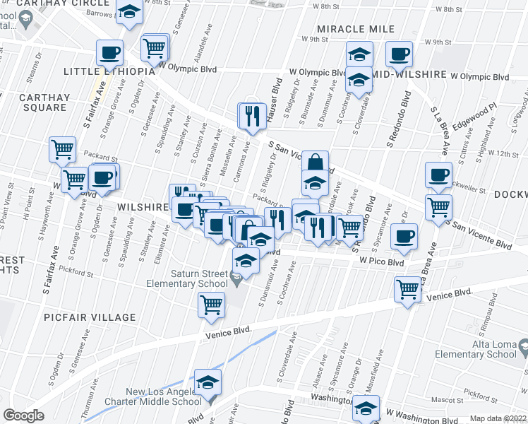 map of restaurants, bars, coffee shops, grocery stores, and more near 1326 South Ridgeley Drive in Los Angeles
