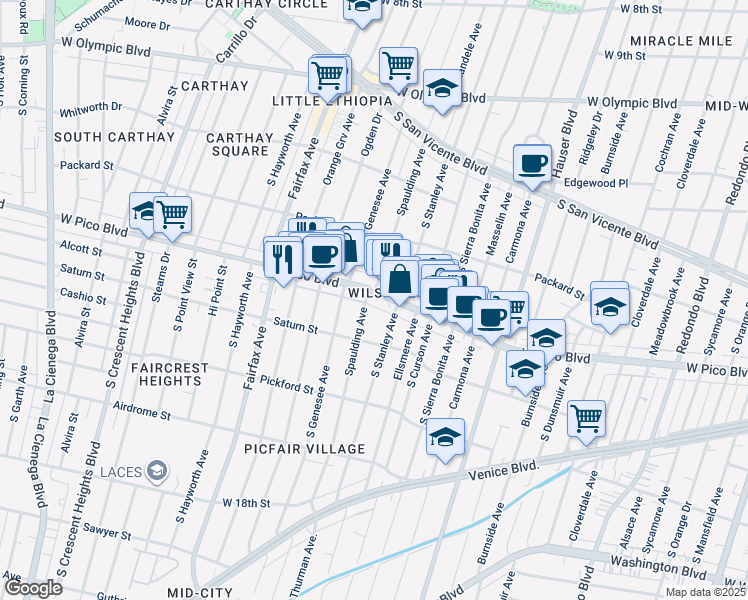 map of restaurants, bars, coffee shops, grocery stores, and more near 5650 West Pico Boulevard in Los Angeles