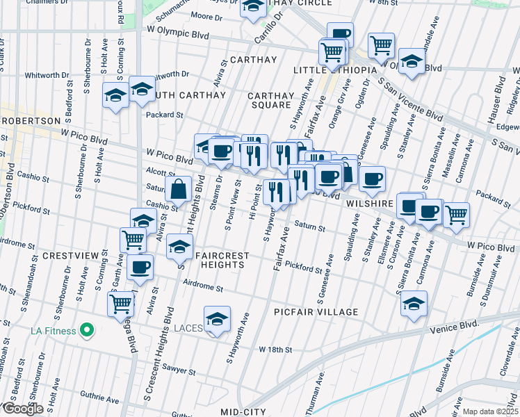 map of restaurants, bars, coffee shops, grocery stores, and more near 1455 South Hayworth Avenue in Los Angeles