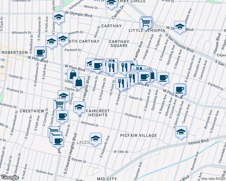 map of restaurants, bars, coffee shops, grocery stores, and more near 1501 Hi Point Street in Los Angeles