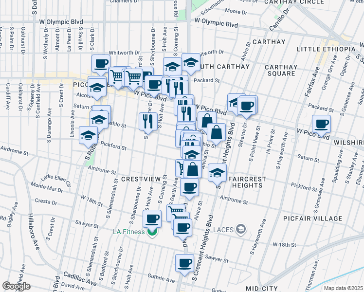 map of restaurants, bars, coffee shops, grocery stores, and more near 8526 Horner Street in Los Angeles