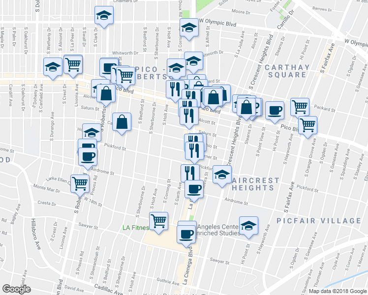 map of restaurants, bars, coffee shops, grocery stores, and more near 8526 Horner Street in Los Angeles