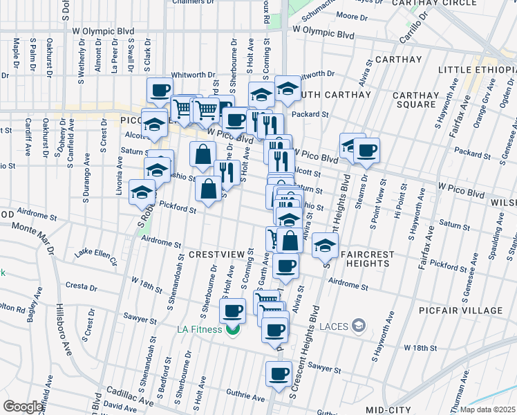 map of restaurants, bars, coffee shops, grocery stores, and more near 8576 Horner Street in Los Angeles