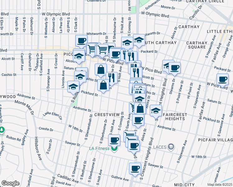 map of restaurants, bars, coffee shops, grocery stores, and more near 8576 Horner Street in Los Angeles