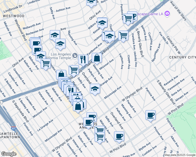 map of restaurants, bars, coffee shops, grocery stores, and more near 1953 Manning Avenue in Los Angeles