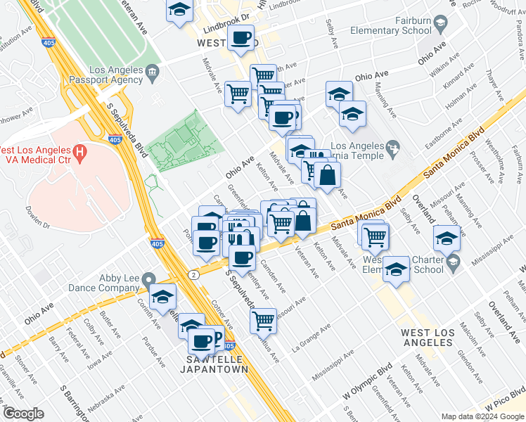 map of restaurants, bars, coffee shops, grocery stores, and more near 1641 Veteran Avenue in Los Angeles