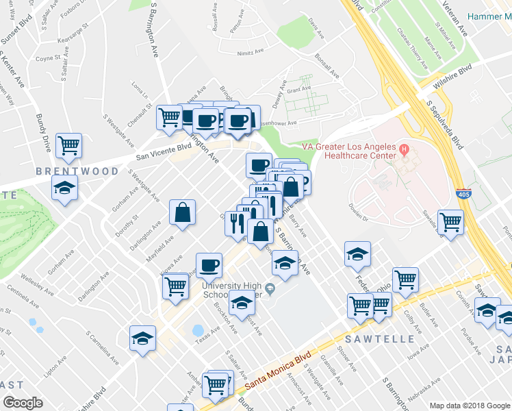 map of restaurants, bars, coffee shops, grocery stores, and more near 11723 Goshen Avenue in Los Angeles