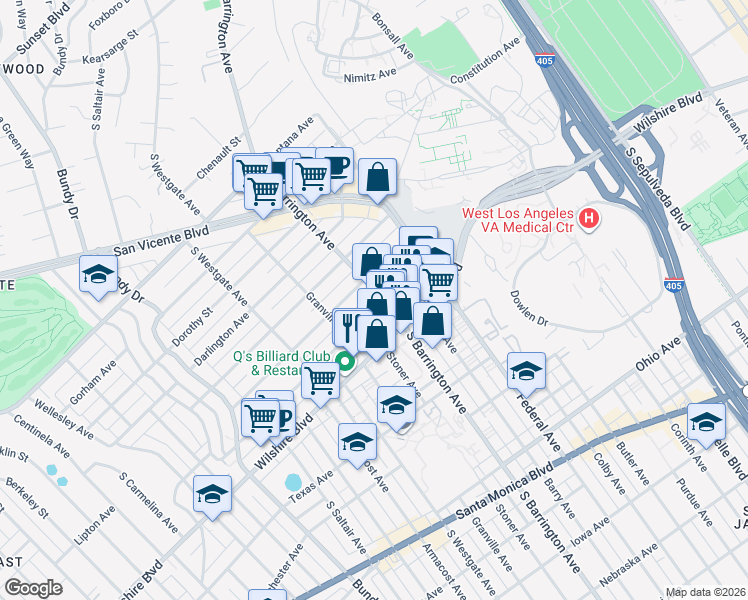 map of restaurants, bars, coffee shops, grocery stores, and more near 11723 Goshen Avenue in Los Angeles