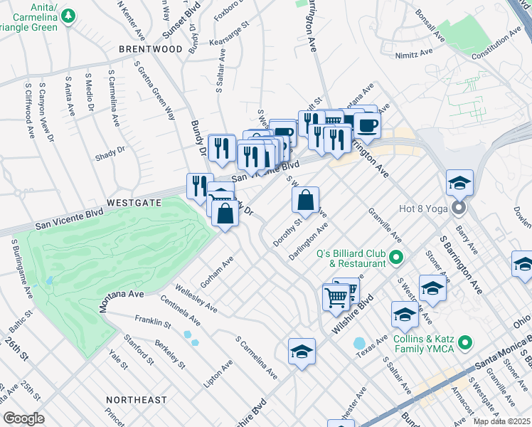 map of restaurants, bars, coffee shops, grocery stores, and more near 836 South Bundy Drive in Los Angeles