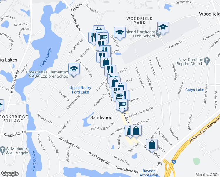 map of restaurants, bars, coffee shops, grocery stores, and more near 3501 Greenway Drive in Columbia
