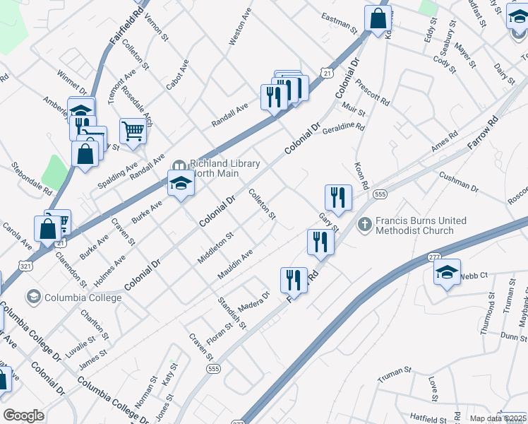 map of restaurants, bars, coffee shops, grocery stores, and more near 1518 Colleton Street in Columbia