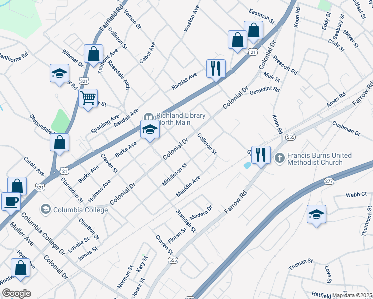 map of restaurants, bars, coffee shops, grocery stores, and more near 5316 Colonial Drive in Columbia