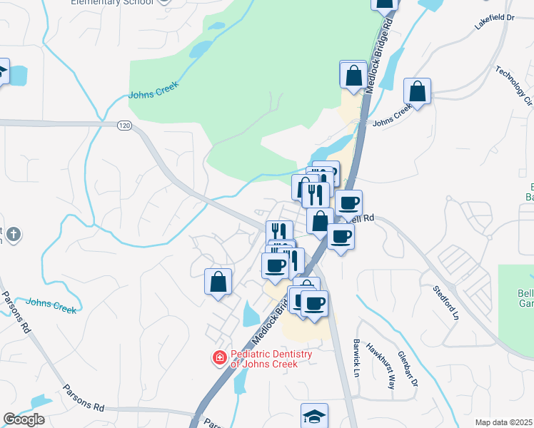 map of restaurants, bars, coffee shops, grocery stores, and more near 805 Millwork Circle in Johns Creek
