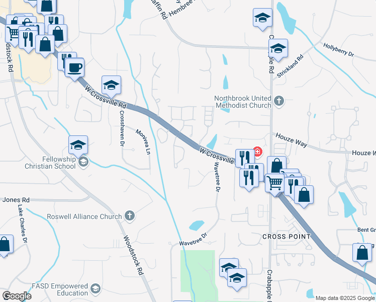 map of restaurants, bars, coffee shops, grocery stores, and more near 200 West Crossville Road in Roswell