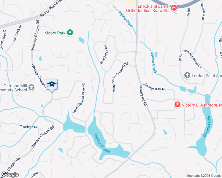 map of restaurants, bars, coffee shops, grocery stores, and more near 4167 Westchester Crossing Northeast in Roswell