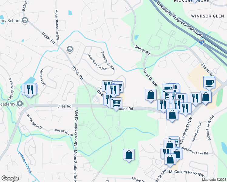 map of restaurants, bars, coffee shops, grocery stores, and more near 2174 Dresden Green in Kennesaw