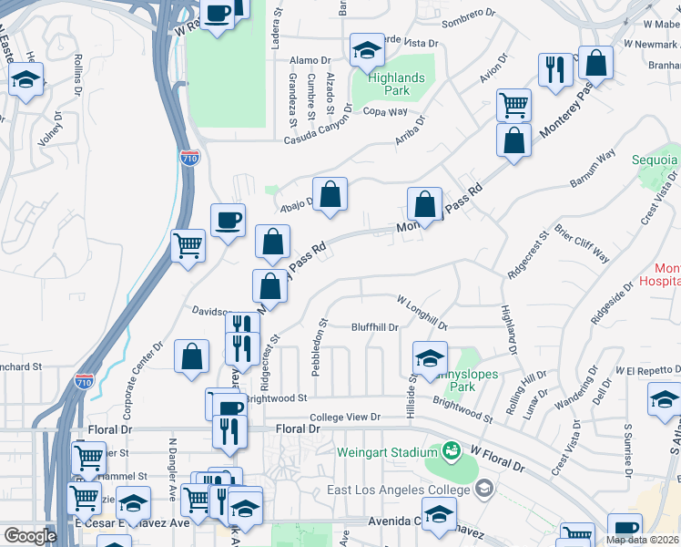 map of restaurants, bars, coffee shops, grocery stores, and more near 1082 Ridgecrest Street in Monterey Park