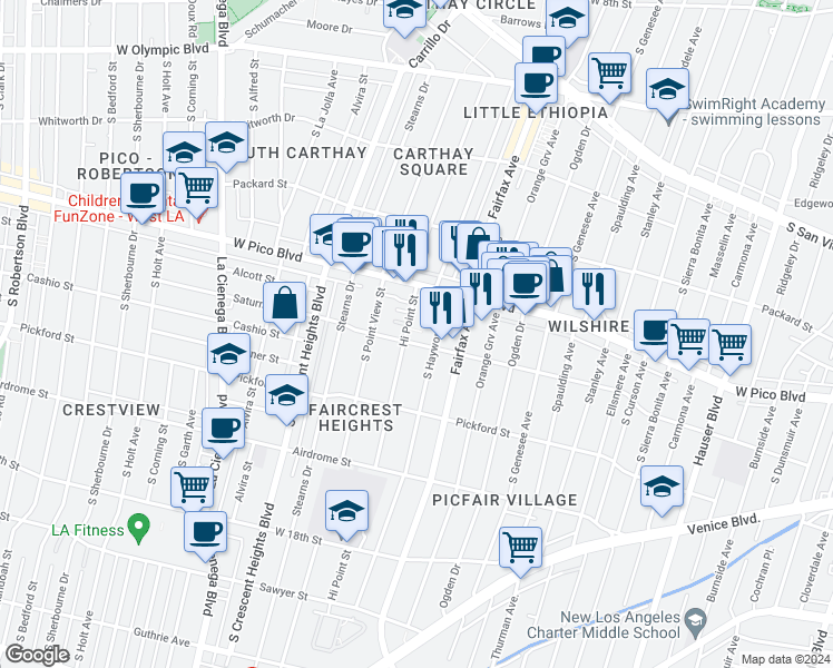map of restaurants, bars, coffee shops, grocery stores, and more near 1455 South Hayworth Avenue in Los Angeles