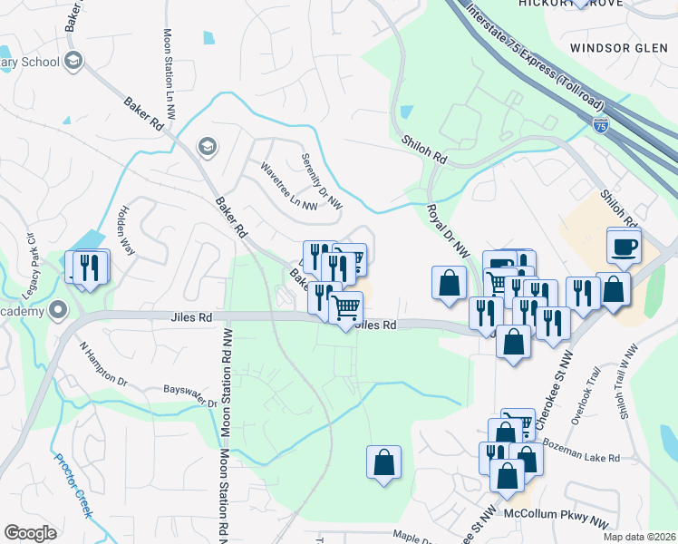 map of restaurants, bars, coffee shops, grocery stores, and more near 2174 Dresden Green in Kennesaw