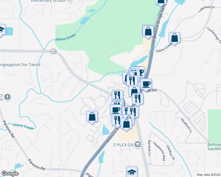 map of restaurants, bars, coffee shops, grocery stores, and more near Millwork Circle in Johns Creek