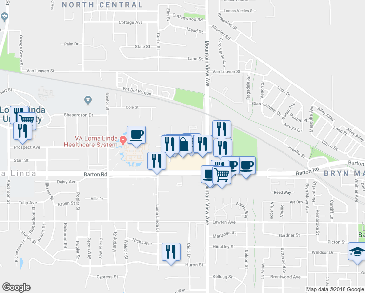 map of restaurants, bars, coffee shops, grocery stores, and more near 25990 Prospect Avenue in Loma Linda