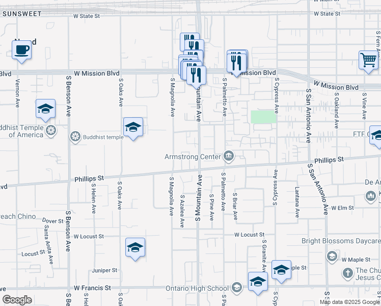 map of restaurants, bars, coffee shops, grocery stores, and more near 1150 West Phillips Street in Ontario