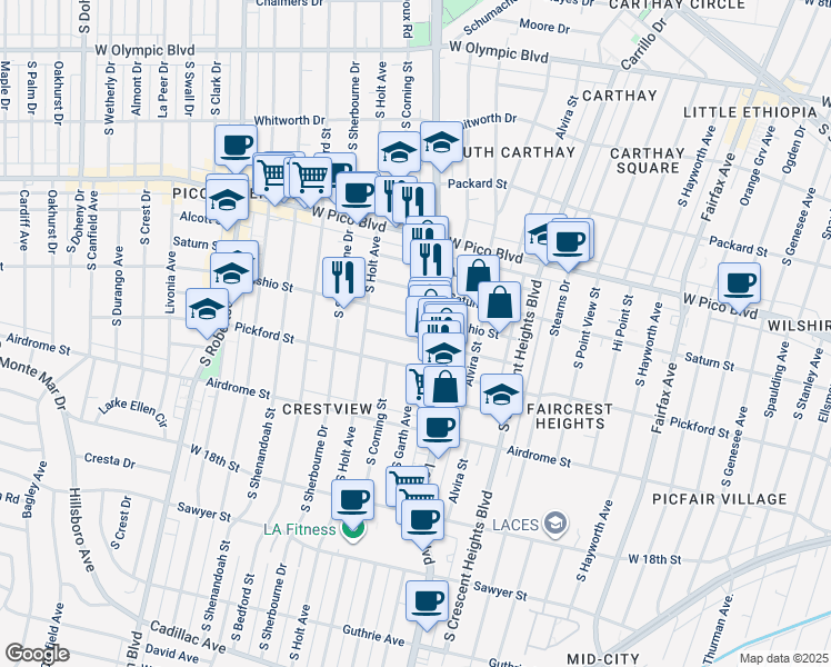 map of restaurants, bars, coffee shops, grocery stores, and more near 8526 Horner Street in Los Angeles