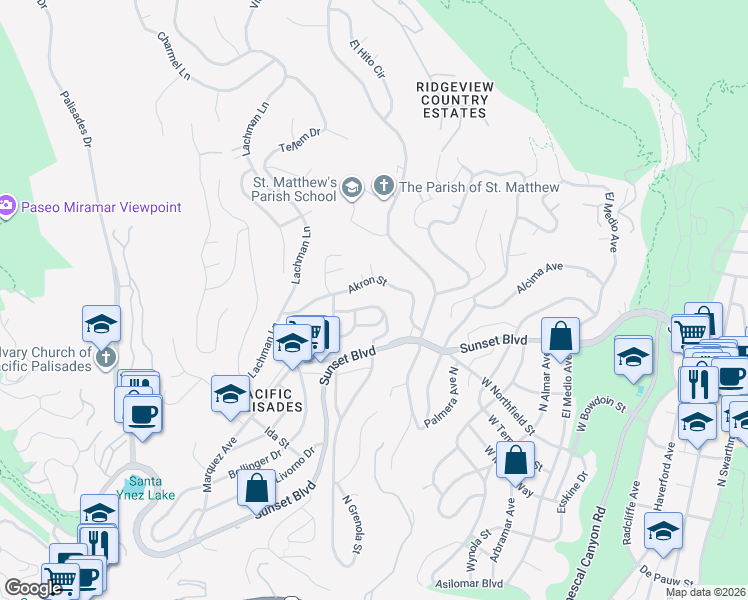 map of restaurants, bars, coffee shops, grocery stores, and more near 16521 Las Casas Place in Los Angeles