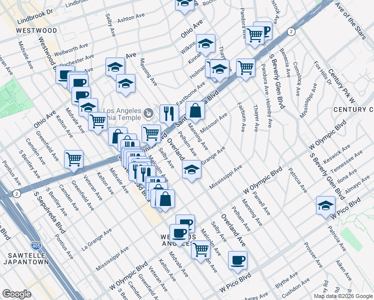 map of restaurants, bars, coffee shops, grocery stores, and more near 1920 Overland Avenue in Los Angeles