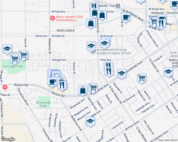 map of restaurants, bars, coffee shops, grocery stores, and more near 51 Orangewood Court in Redlands