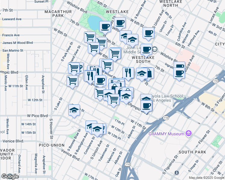 map of restaurants, bars, coffee shops, grocery stores, and more near 945 Beacon Avenue in Los Angeles